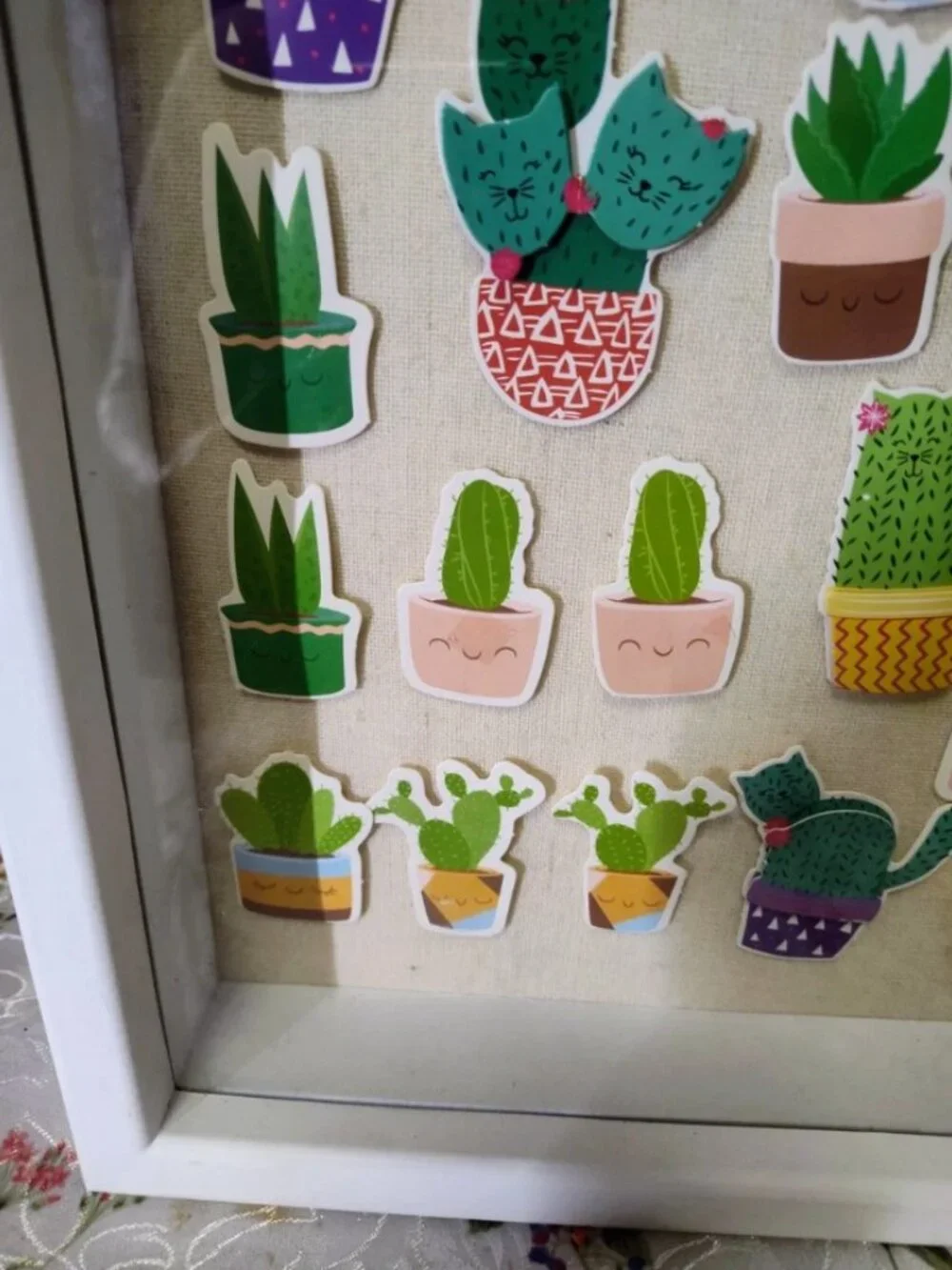 White Wooden Shadow Box Frame With Cats and Succulents Removable Stickers